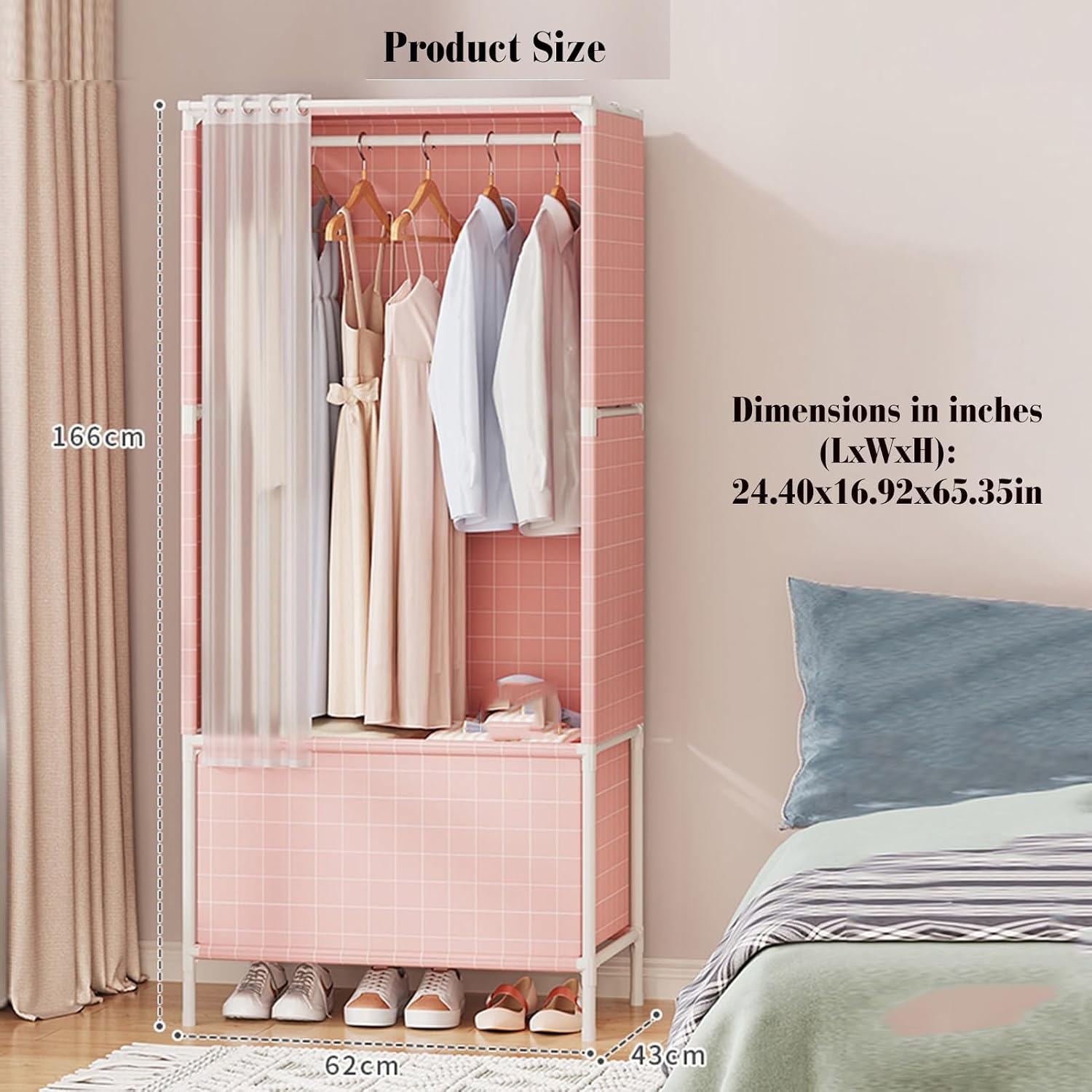 Heavy Duty Portable Closet Wardrobe - Non-Woven Fabric Clothes Rack Organizer for Bedroom & Cloakroom - Stylish Pink Storage Solution for Clothing Store
