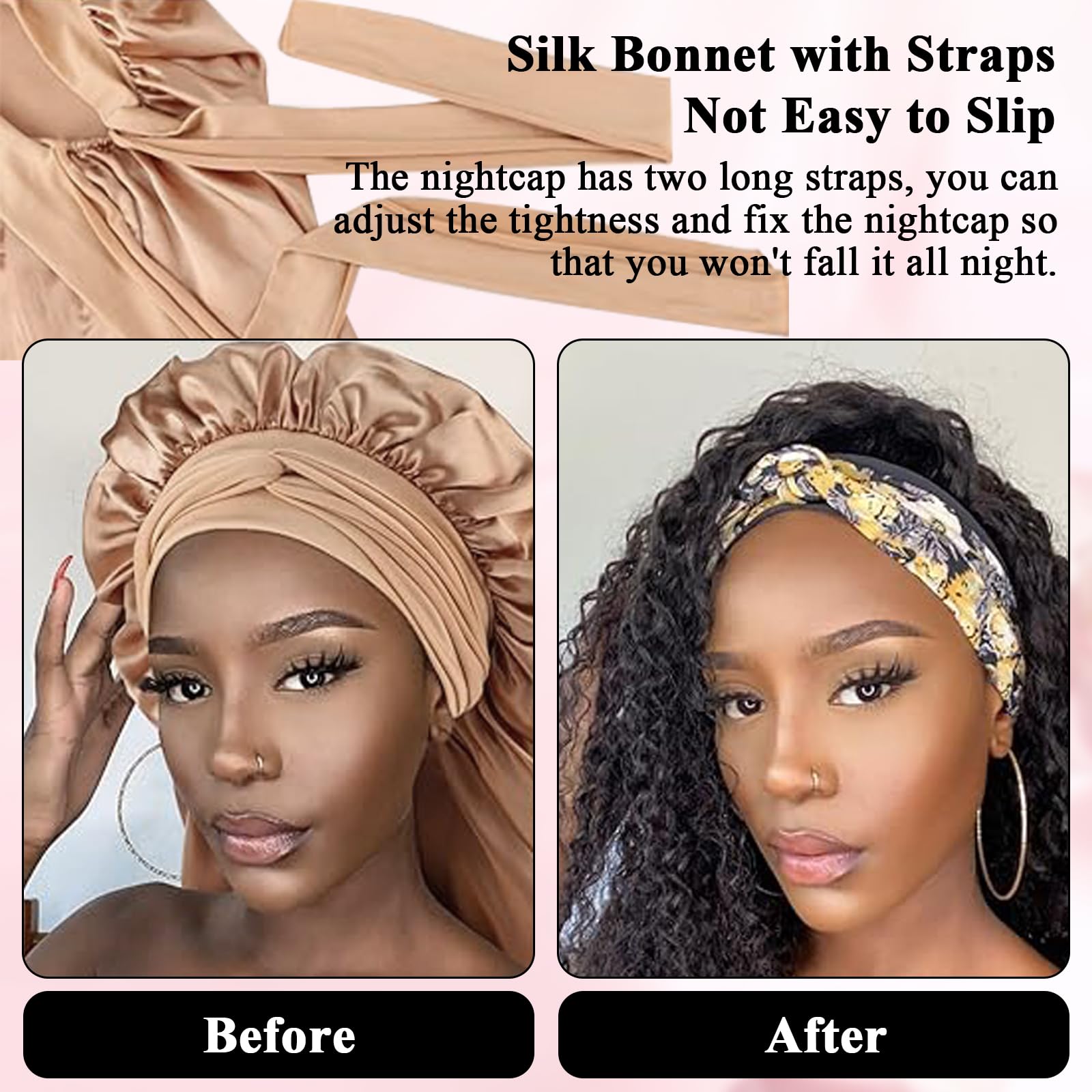 2 PCS Silk Bonnet for Sleeping,Hair Wrap Silk Hair Bonnet with 2 Elastic Hair Bands Protect Hairstyle, Soft Satin Hair Bonnet for Curly Hair, Long Hair (Black + Champagne) - Image 3