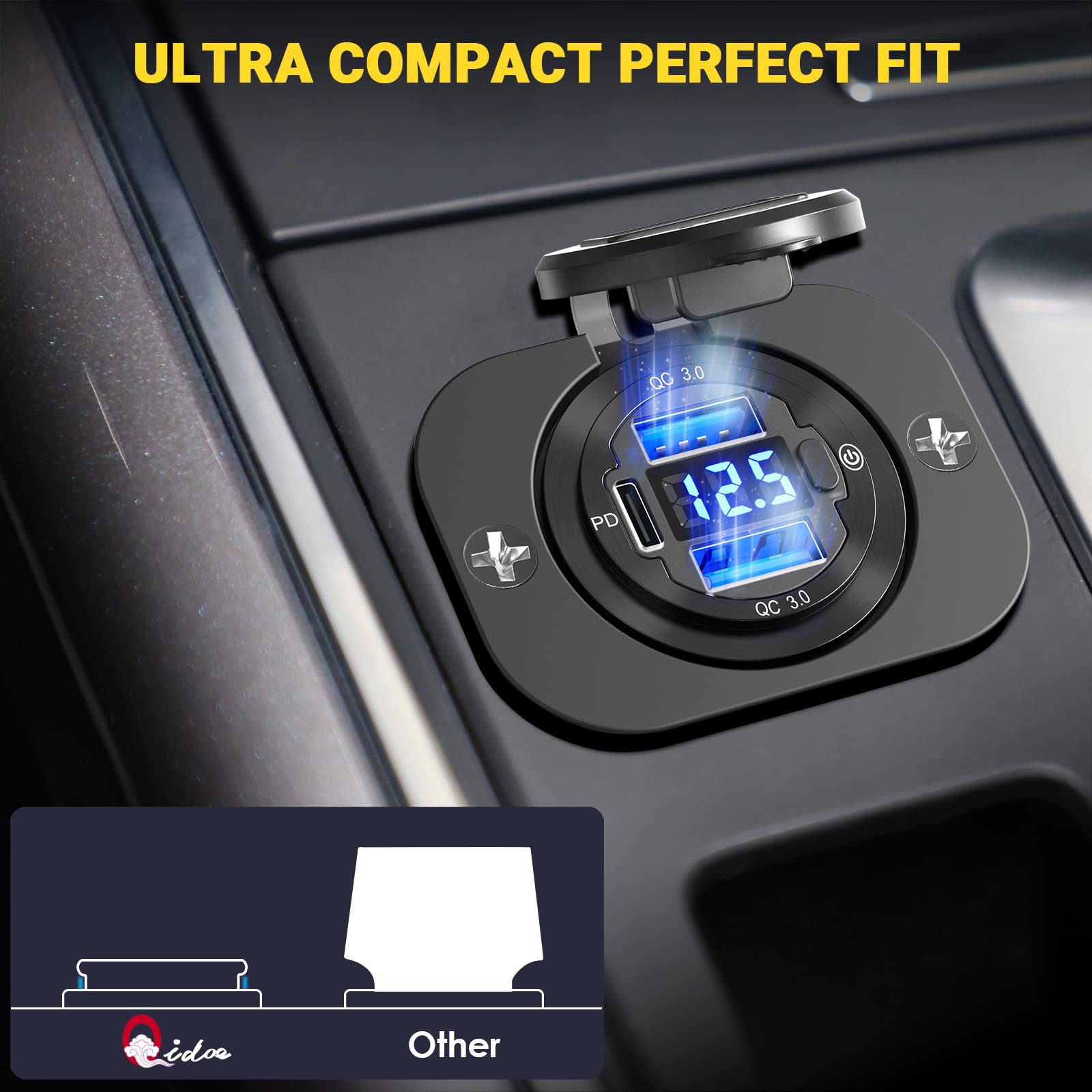 <3-USB Alluminio> Qidoe Presa USB 12V/24V DC per Auto, Doppia QC 3.0 e PD USB C Incasso Impermeabile Prese con Interruttore Voltmetro Ricarica Rapida iPhone, SamSung, Barca, Camion, Caravan, Moto