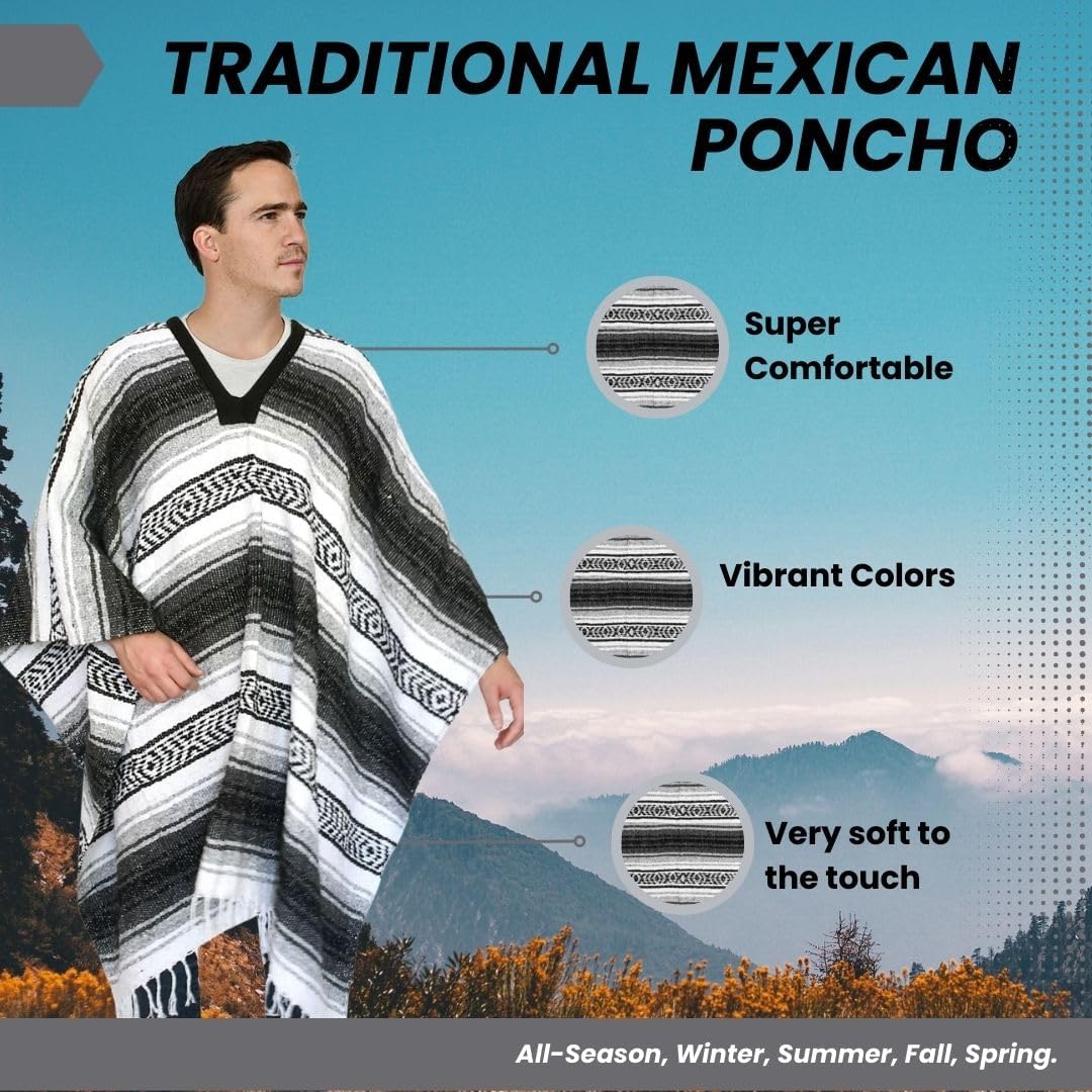 Artisans Bazaar Traditional Mexican Baja Poncho Men and Women Authentic Gaban Serape Sarape Blanket Pancho Jorongo Cowboy - Image 2