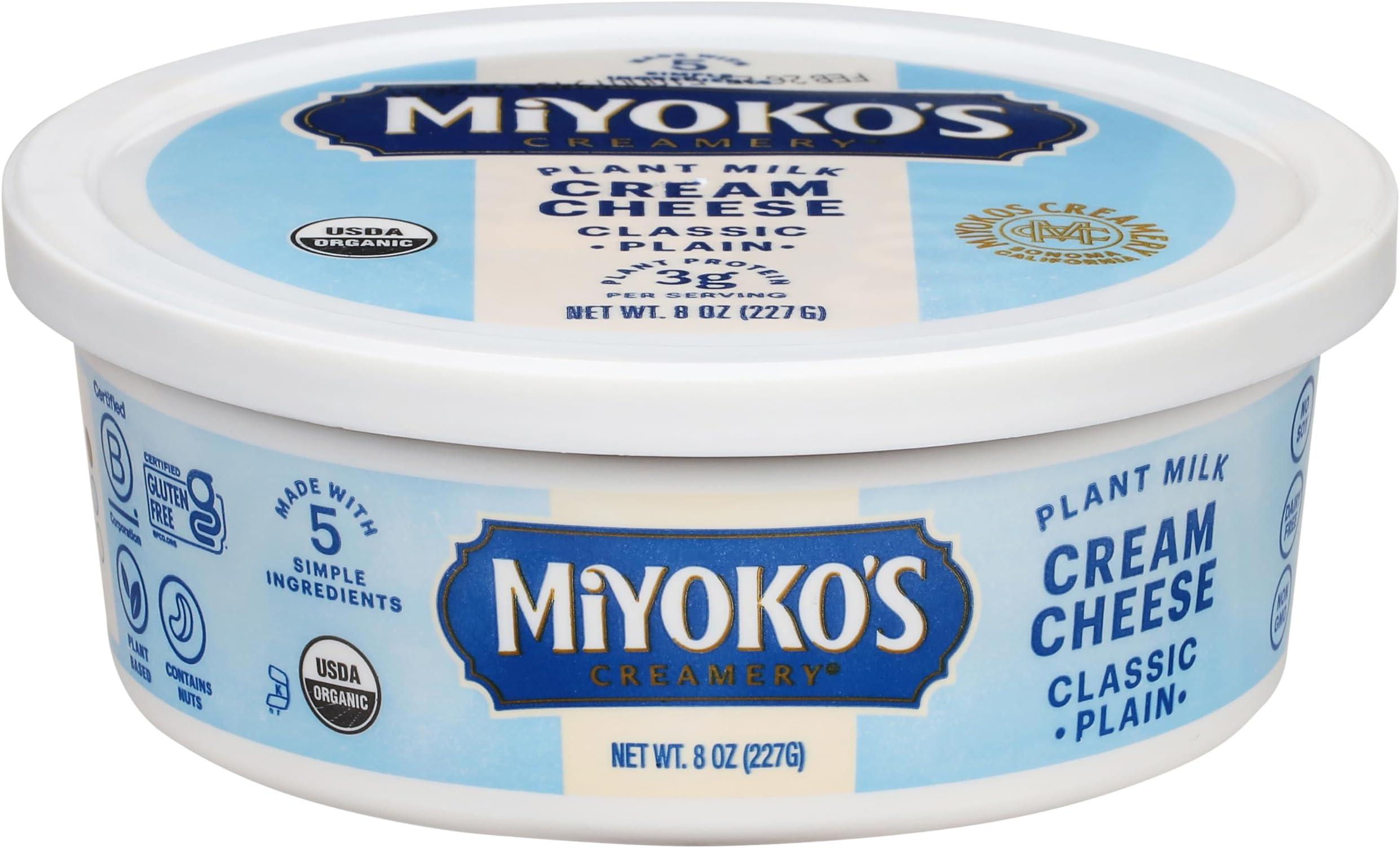 MIYOKO'S CREAMERY Organic Vegan Cream Cheese, Classic Plain, 8 oz Tub (1-Pack)