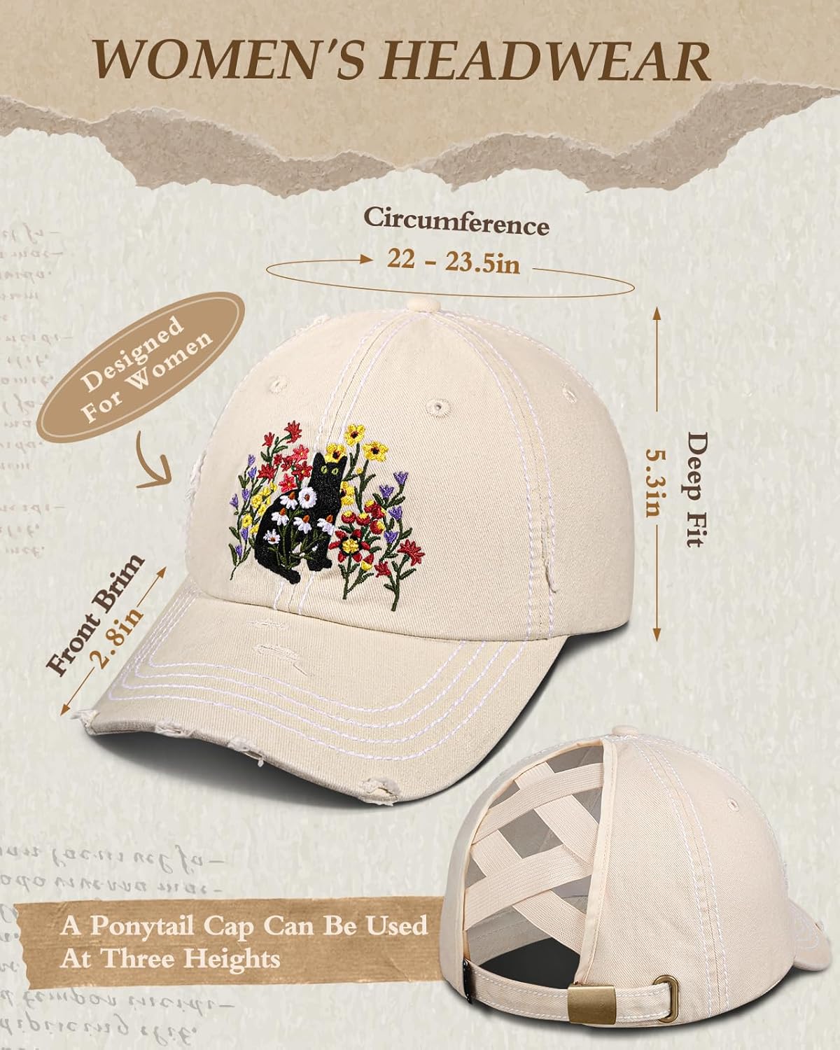 Flafens Women Pony Hats High Ponytail Baseball Caps - Cotton Vintage Washed Distressed Adjustable Criss Cross Trucker Hat - Image 2