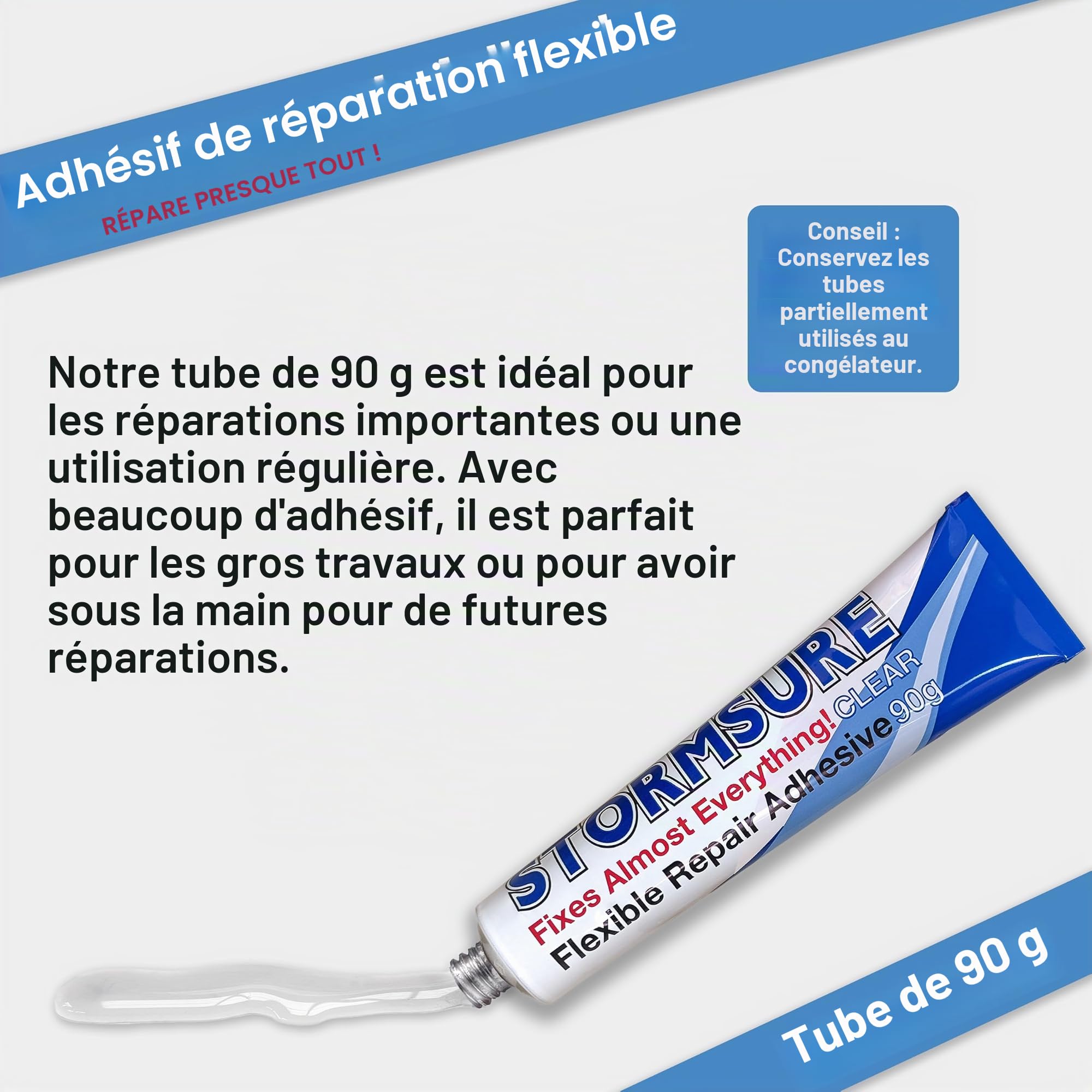 Stormsure Colle de Réparation Flexible (90g) Transparente - Adhésif Extra Puissant, Très Durable pour Réparations Polyvalentes