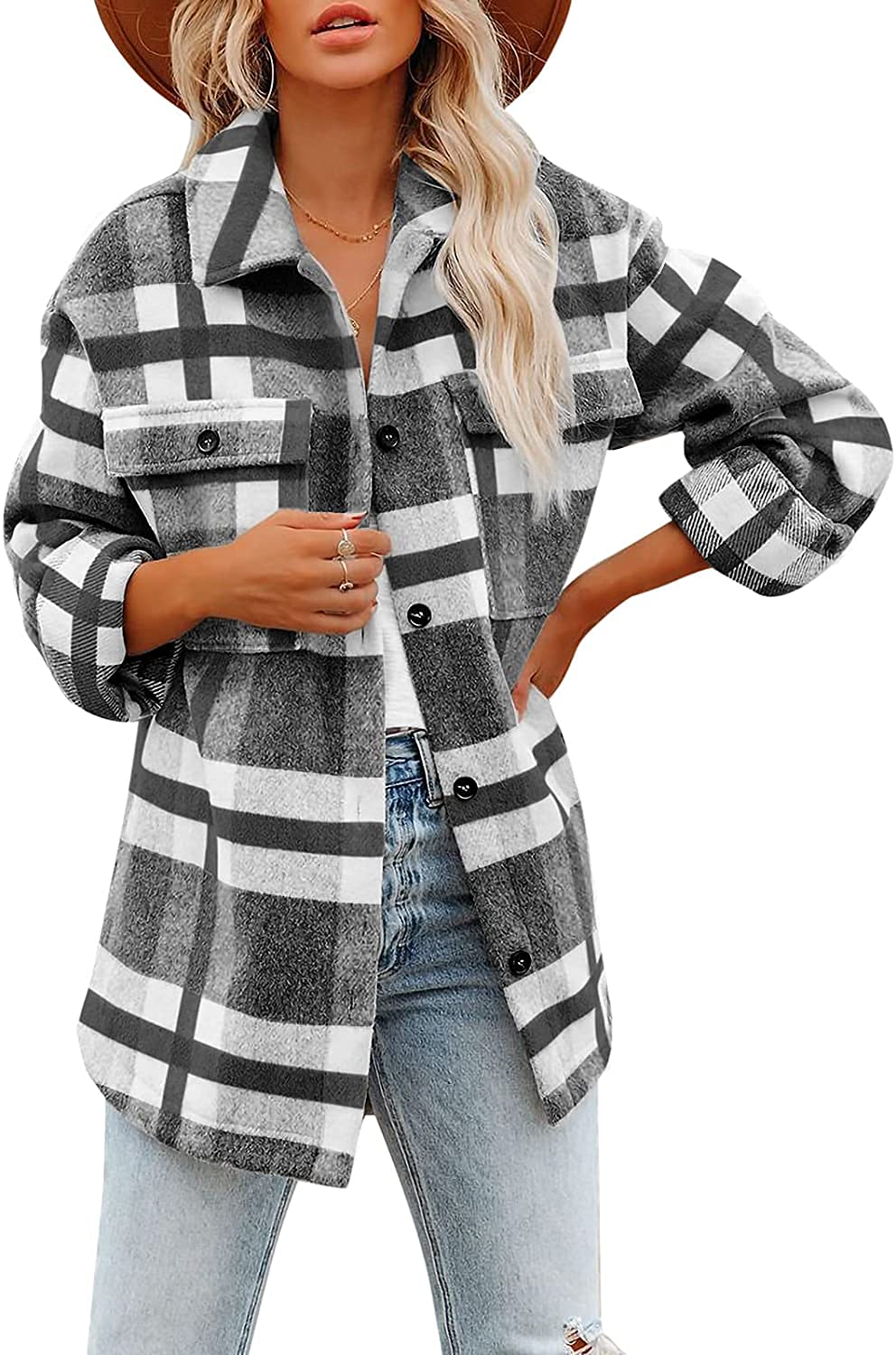 BeaullyWomen's Flannel Plaid Shacket 2025 Fall Outfits Long Sleeve Button Down Shirts Jacket Coats with Side Pockets