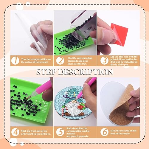 Miniatura 10 de Juego de 6 posavasos de pintura de diamantes de Navidad con soporte, juego de posavasos de pintura de diamante de muñeco de nieve, posavasos de