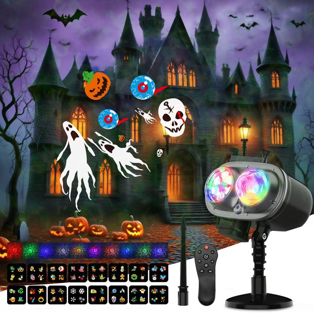 2025 Upgrade Halloween Christmas Projector Lights,2-in-1 Moving Holiday Landscape Lights,30 HD Wave Ocean Effects,Outdoor Waterproof Projection Light for Xmas Halloween Party Garden Decorations