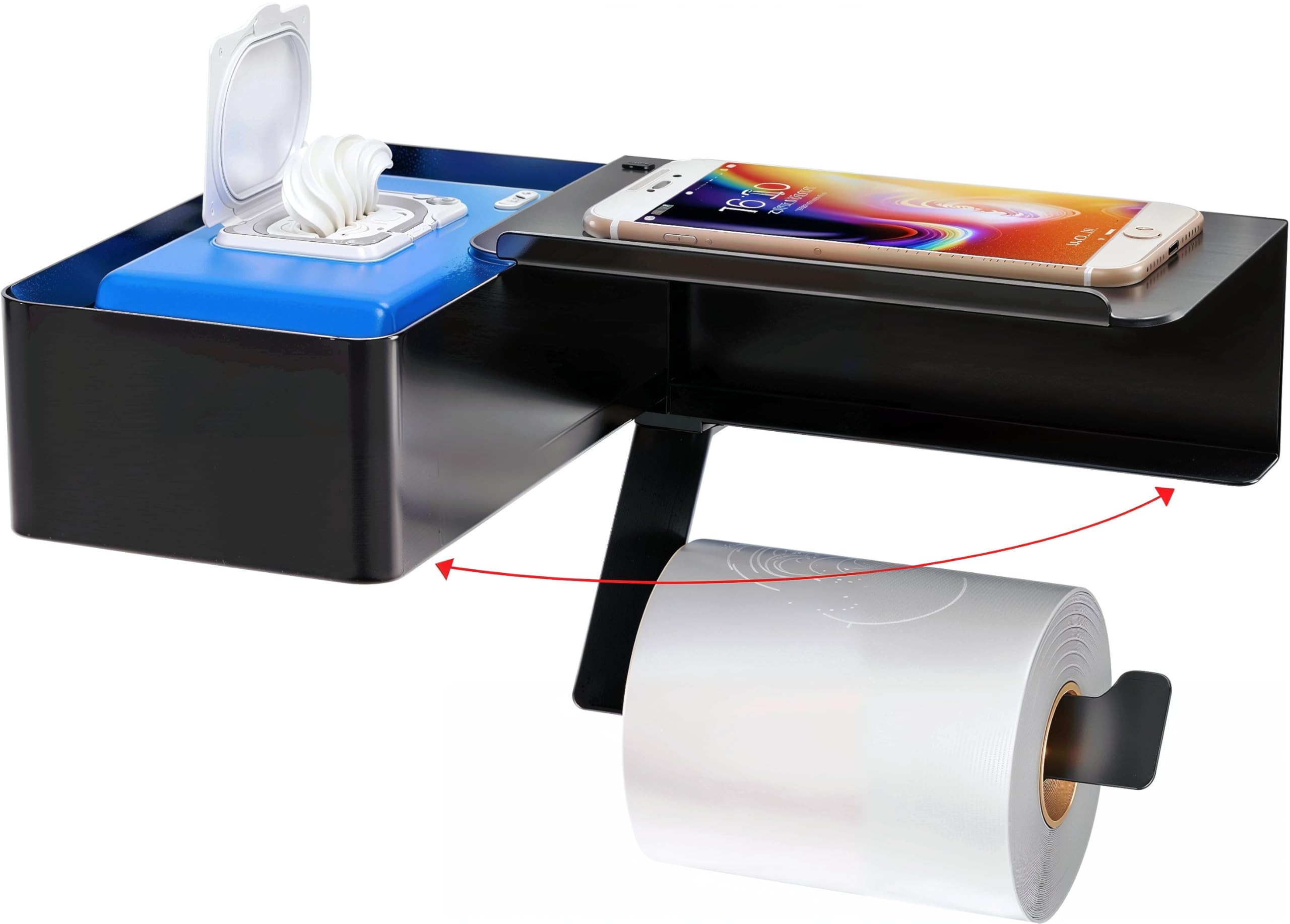 Toilettenpapierhalter ohne Bohren, Klopapierhalter 304 Edelstahl, Schwarzer Klopapierhalter mit Feuchttücherbox, Toilettenpapier Halterung Schwarz Selbstklebend