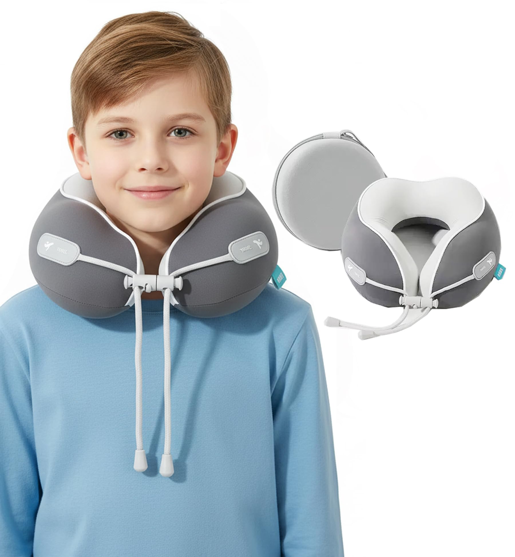 Kids Travel Pillow with EVA Storage Case, 100% Memory Foam Neck Pillow for Kids Toddler Airplane Sleeping, 360° Chin Head Support Flight Essentials, Grey
