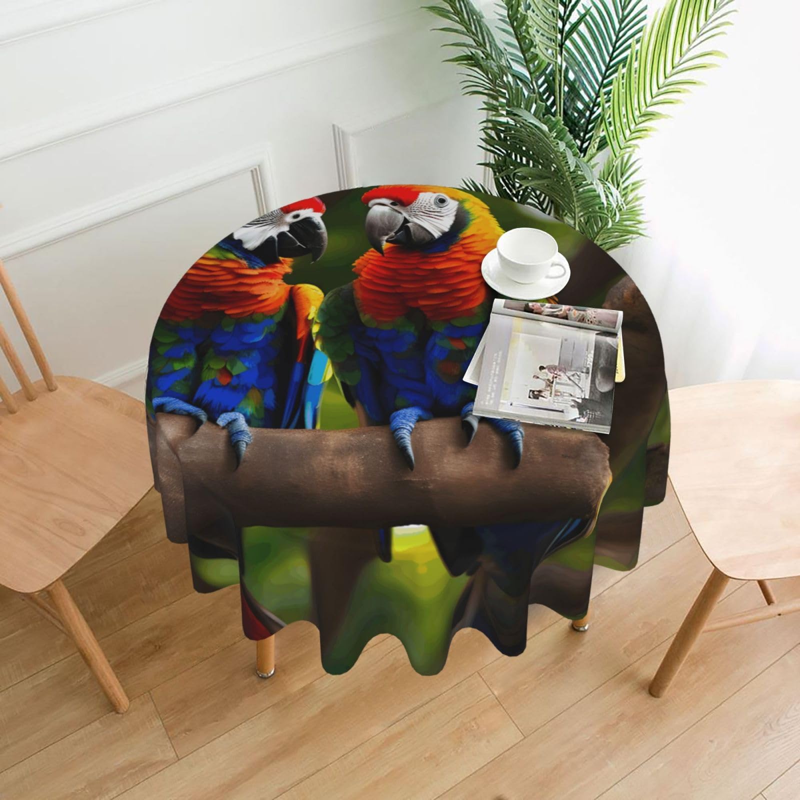 SDEGTHO Colorful Parrots On Tree Print Modern Retro Round Tablecloth 60in Polyester Fabric Cover for Party Dining Table Washable