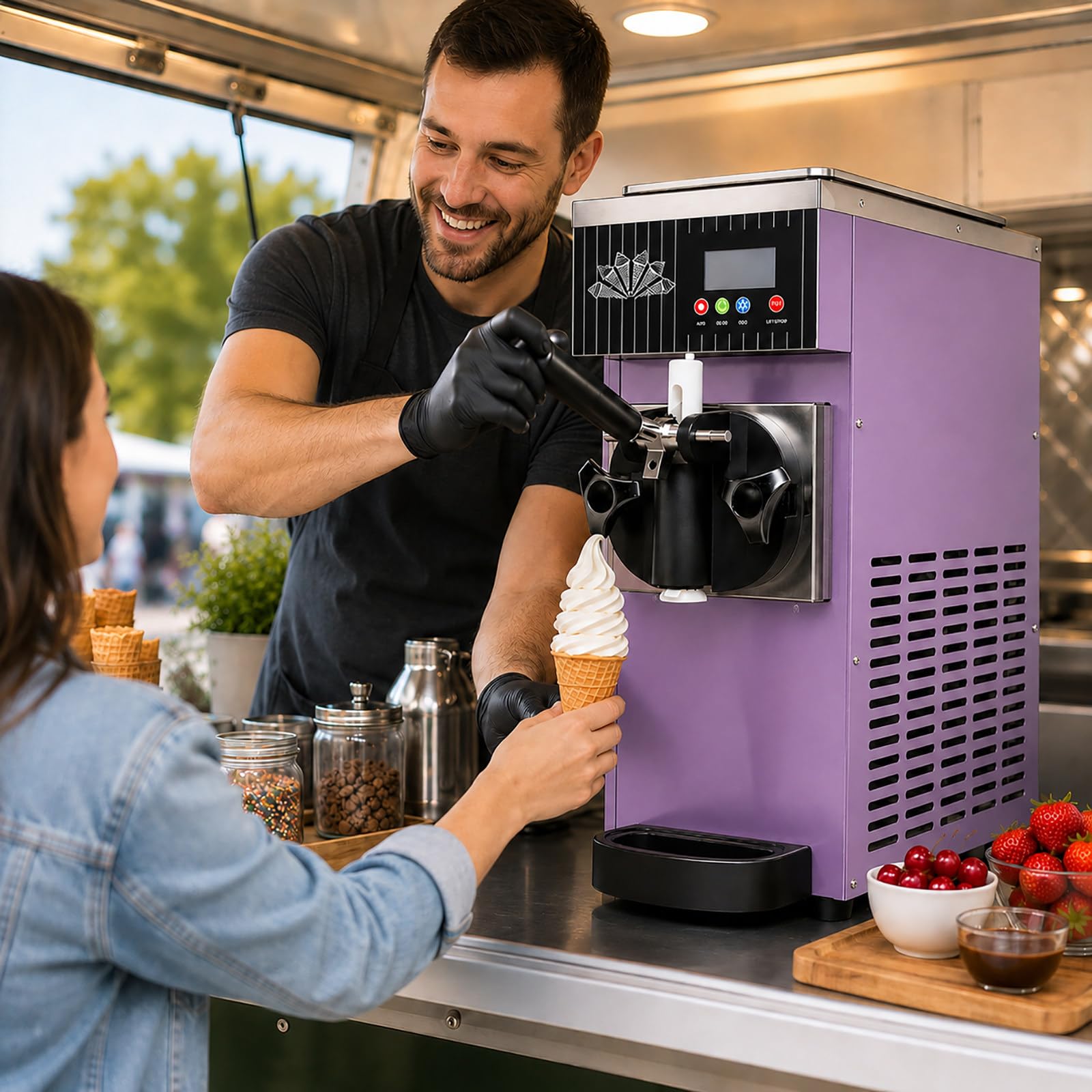 vnmudzeo Single Flavor Ice Cream Machine - 450W Countertop Soft Serve Maker, 84.5oz Hopper, 1L Freezing Cylinder, LCD Panel for Dessert Shops Purple