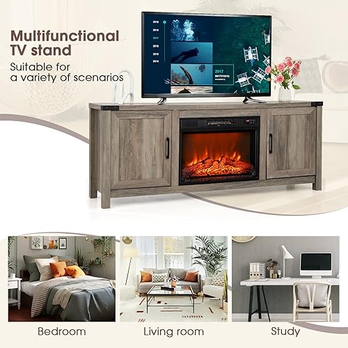 Miniatura 9 de Tangkula Soporte de TV con chimenea para televisores de hasta 70 pulgadas, consola de TV de granja con inserto de chimenea eléctrica de 23 pulgadas,