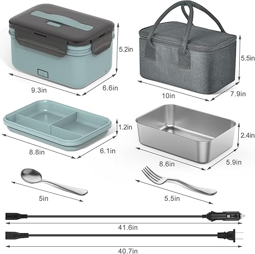 Miniatura 6 de Calentador de lonchera eléctrico para alimentos, calentador de alimentos 2 en 1, para automóvil y hogar, a prueba de fugas, 2 compartimentos, 1