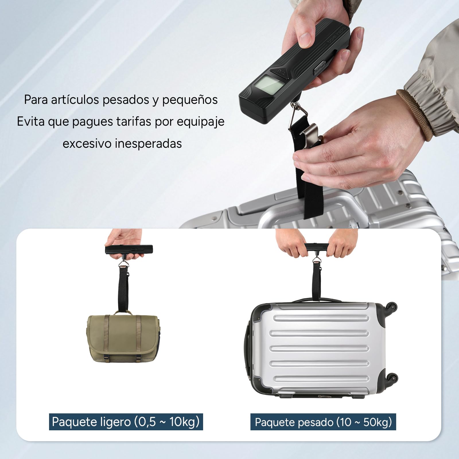 travel inspira Báscula para Maletas Portátil, Pesa de Viaje Mano Sin Pilas con Pantalla Grande y Función Tara, Báscula de Equipaje Autogenerable, Capacidad 50kg/110lb