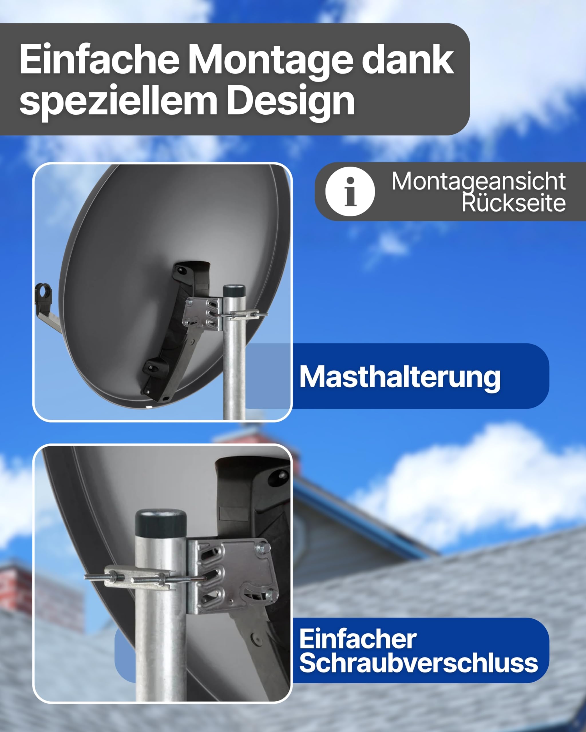 SCHWAIGER Satellitenschüssel 80 cm Stahl Offset Antenne Multifeed wetterfest SAT Schüssel LNB Tragarm Masthalterung 38,5dB
