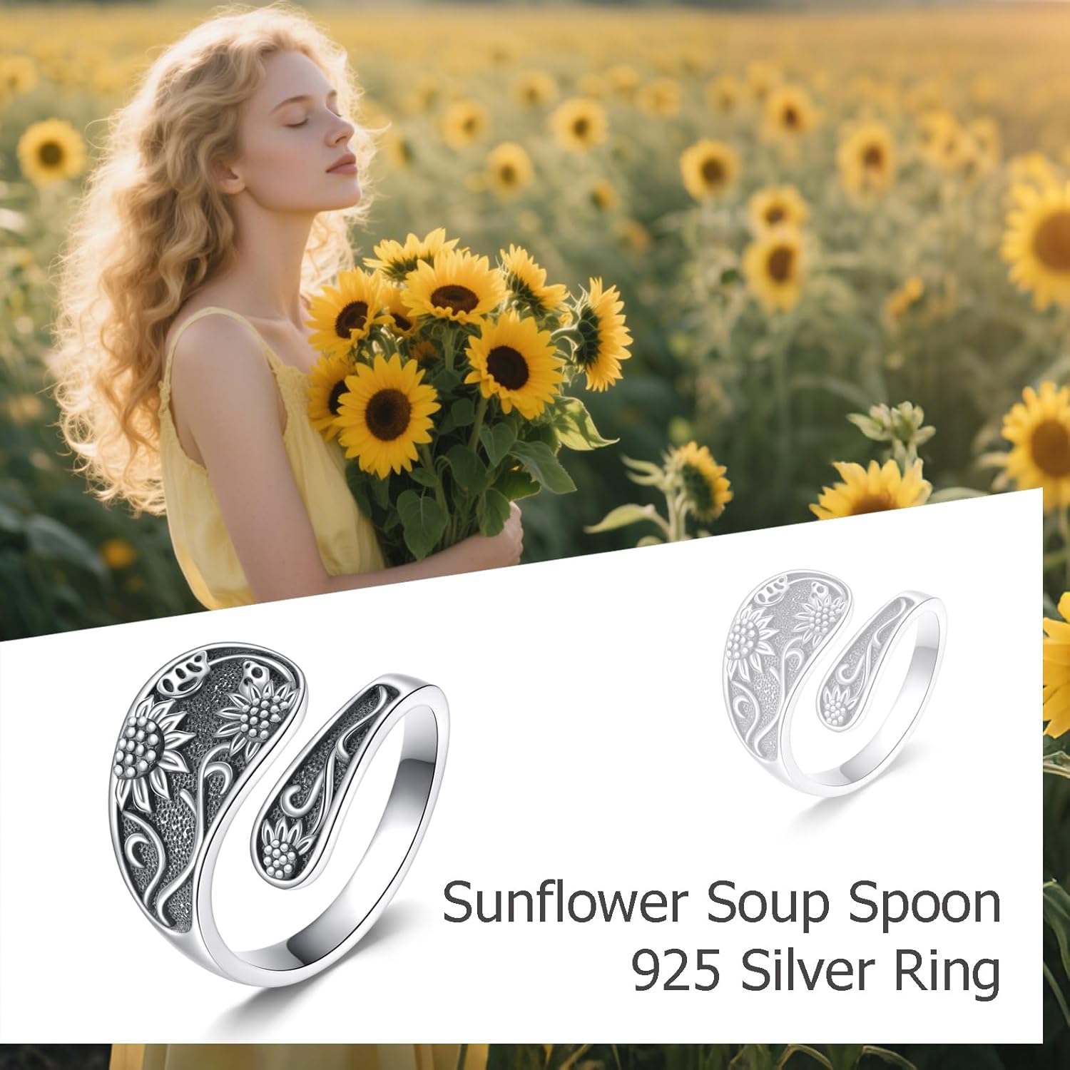 Sunflower Spoon Ring 925 Sterling Silver Vintage Adjustable Flower Spoon Thumb Ring Boho Jewelry Gift for Women Mom - Image 6