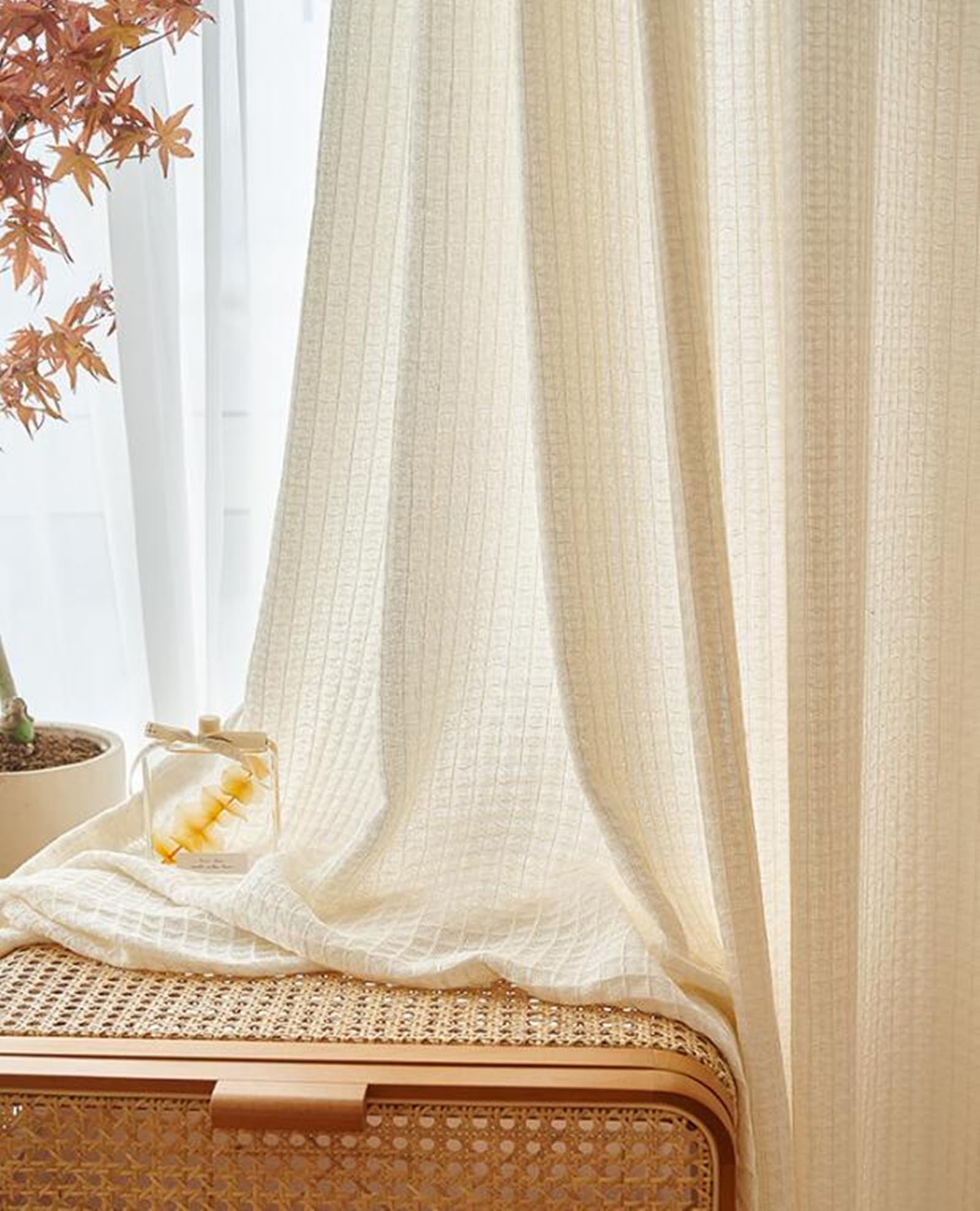 KnSam Rideaux Voilages Beige avec Oeillets, Rideau Texture Géométrique, 2 Panneaux, 280 x 215cm, Style A (1 Panneau: 140 x 215cm)
