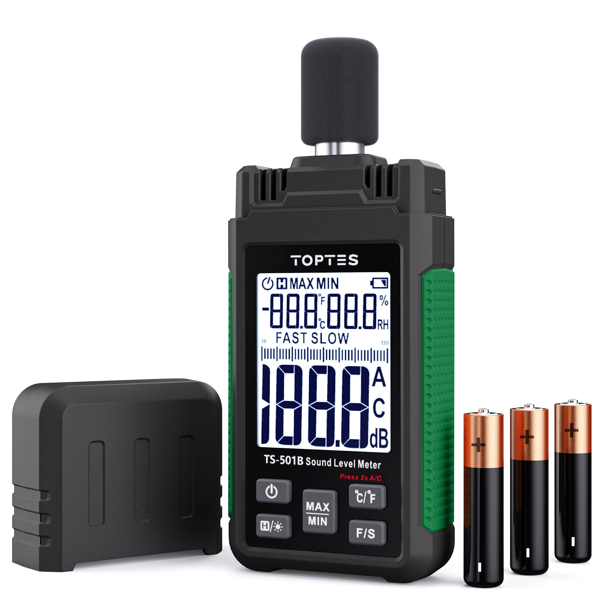 Decibel Meter, TopTes TS-501B Sound Level Meter with 2.25” Backlit LCD Screen, Portable SPL Tester with A/C Weighted, Range 30-130dB, MAX/MIN, Data Hold, Use for Home, Noisy Neighbor, Factory - Orange — Amazon image 9