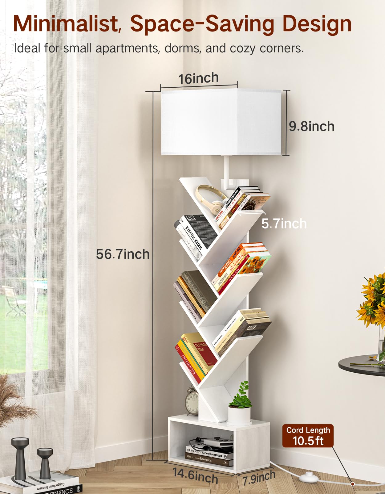 Libreria a Forma di Albero in Legno con Luce, Scaffale Autoportante a 6 Ripiani ad Angolo con Telecomando – Libreria Salvaspazio per Libri, CD, per Soggiorno, Studio, Ufficio (Bianco)