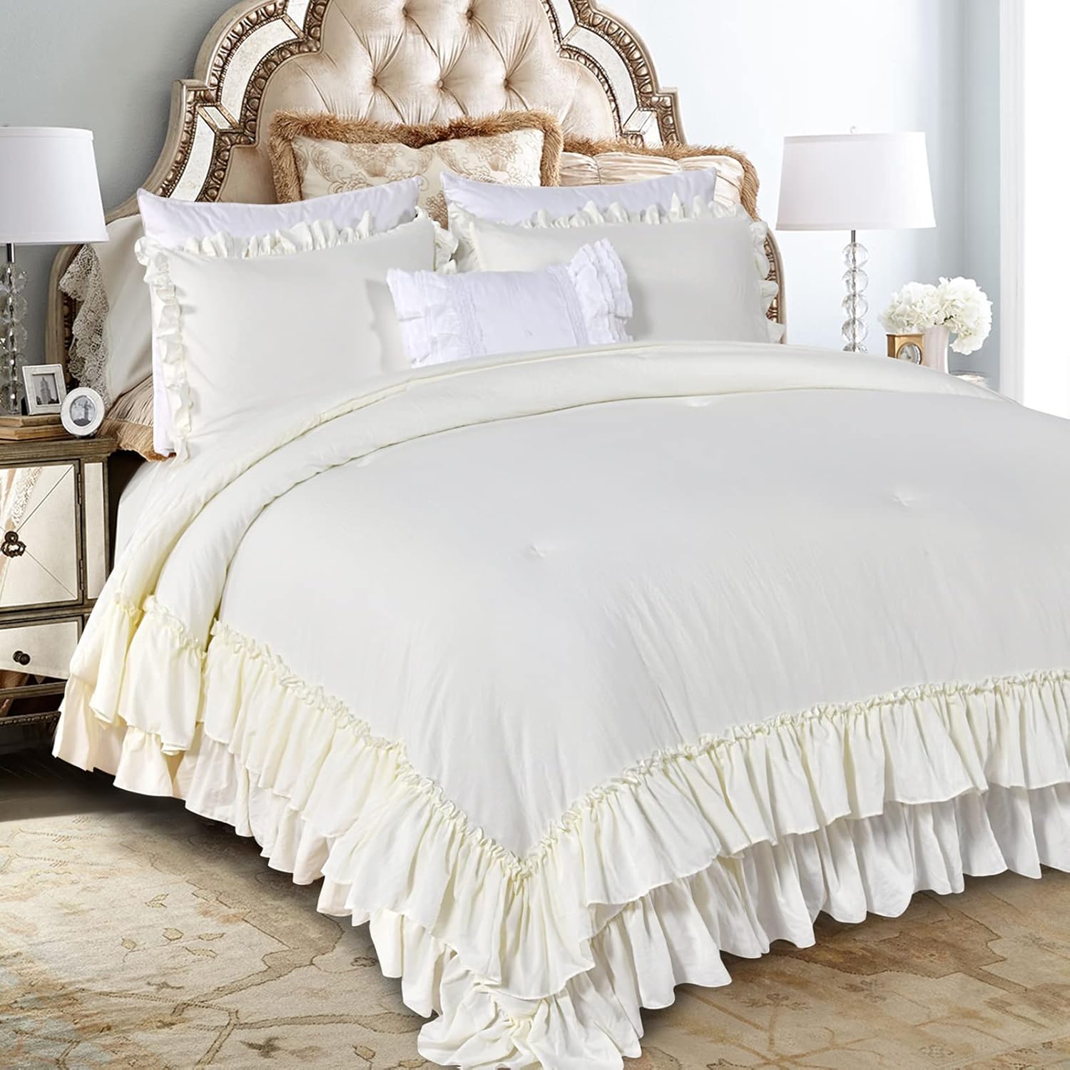 Masaca Shabby King Size Comforter Set, Farmhouse Ivory Bedding Ruffled Comforter Set King,Lightweight Vintage Rustic Bedding 3 Pcs (1 Shabby Comforter and 2 Pillowcases)