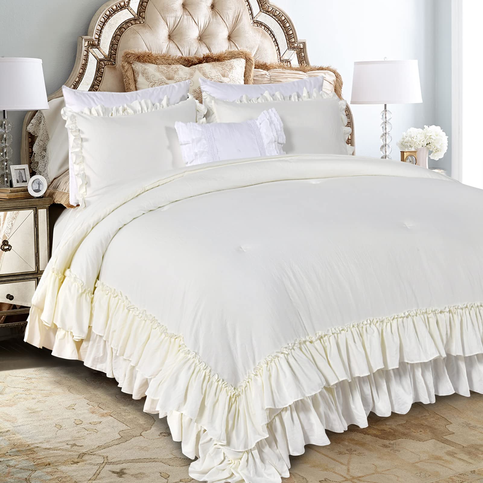 Masaca Shabby King Size Comforter Set, Farmhouse Ivory Bedding Ruffled Comforter Set King,Lightweight Vintage Rustic Bedding 3 Pcs (1 Shabby Comforter and 2 Pillowcases)