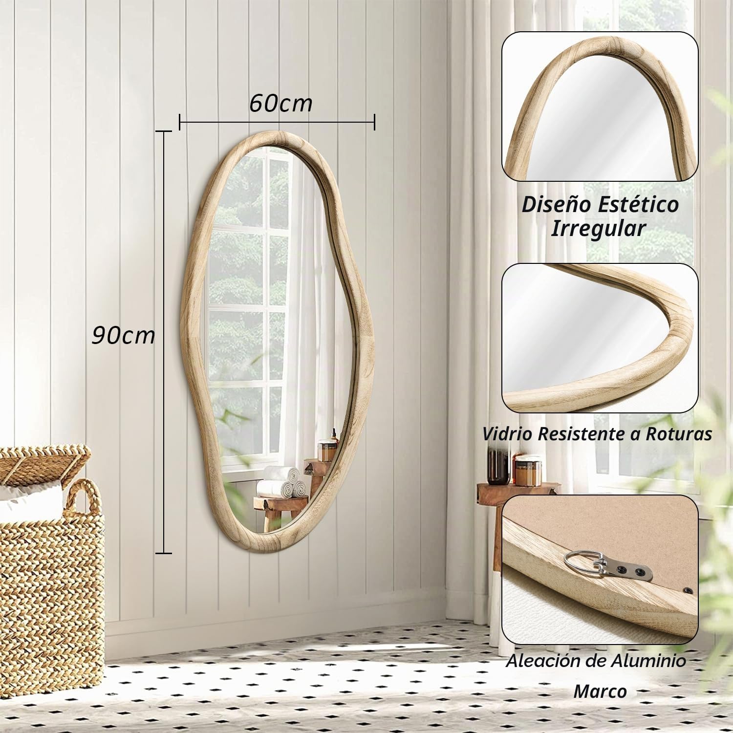 JJUUYOU Espejo de madera irregular asimétrico para montar en la pared del baño 90x60 cm Espejo grande horizontal o vertical para colgar en la pared para maquillaje, dormitorio, sala de estar, de