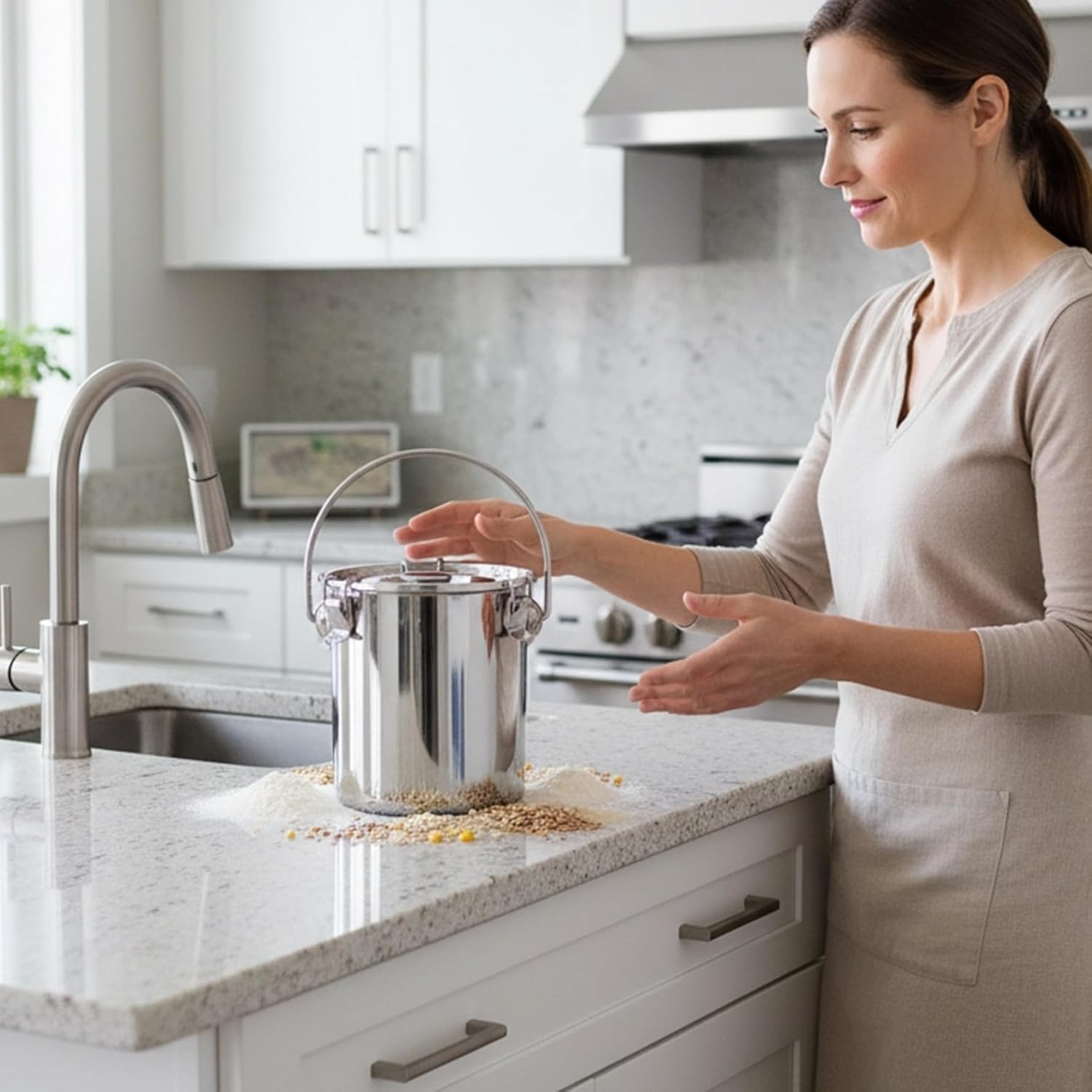 Stainless Steel Containers with Lids, 3L Airtight Food Storage Container with Buckle & Handle Thick Milk Jug for Coffee Beans, Sugar, Rice, Flour, Grain