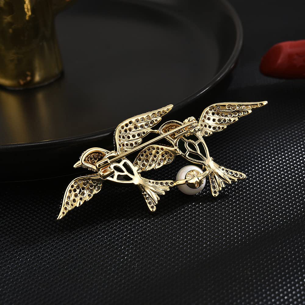 Broche con Forma de pájaro para Mujer, de Moda, para Solapa, con diseño de Doble Golondrina Volando y Perlas de imitación.
