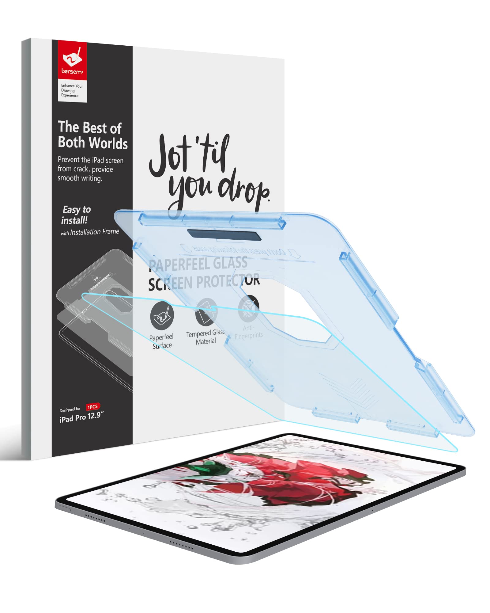 BERSEMPaperfeel Glass Screen Protector Compatible with iPad Pro 12.9 Inch (2022 & 2021 & 2020 & 2018), iPad Pro 12.9 6th / 5th / 4th / 3rd Generation, [Tempered Glass] [EZ Kit] [Auto Alignment]