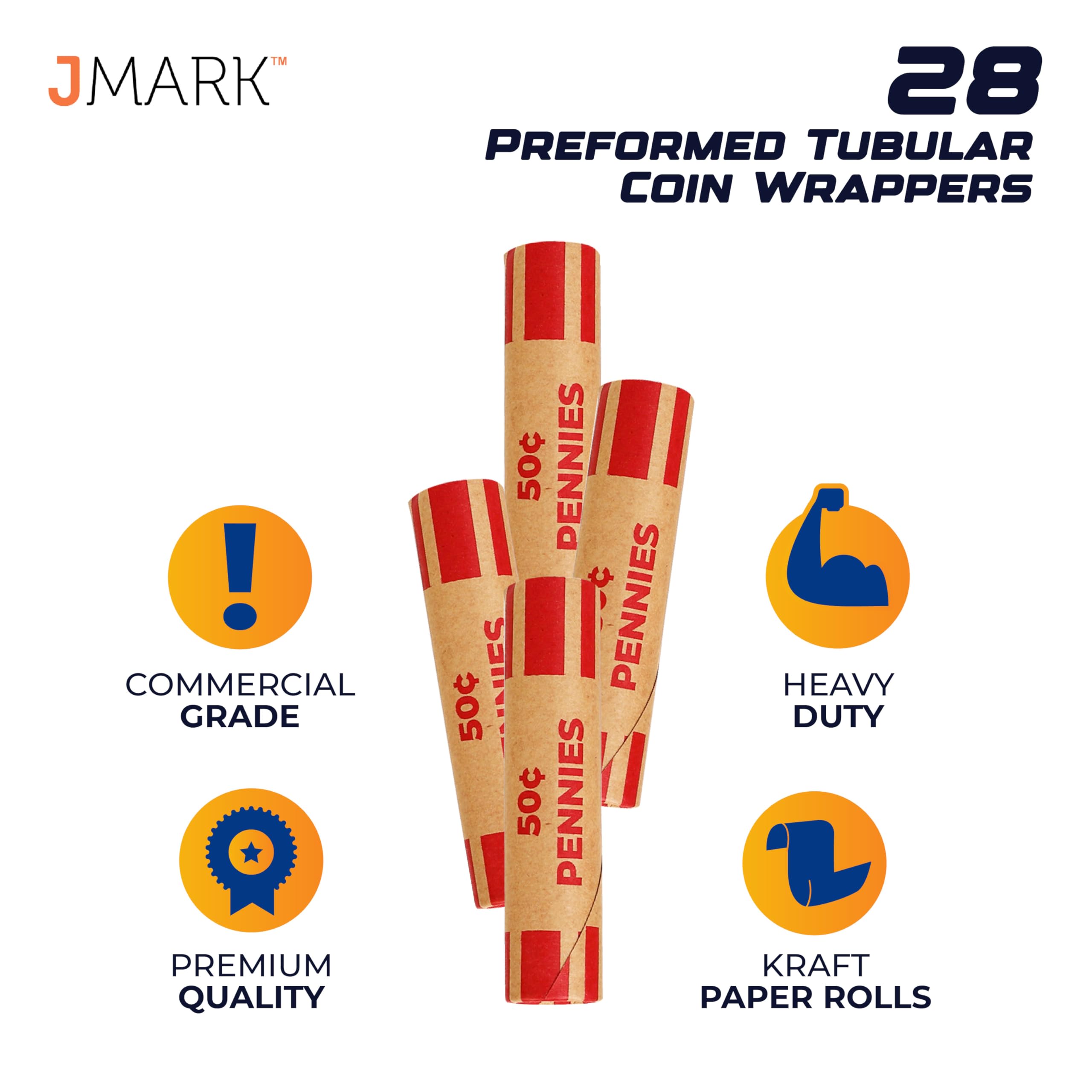 J Mark 破裂防止 プリフォーム ペニーコインロールラッパー 米国製 28個 高耐久ペニーラッパー コインカートリッジスタイル  コインローラーチューブ Jマークコインデポジットスリップ付き