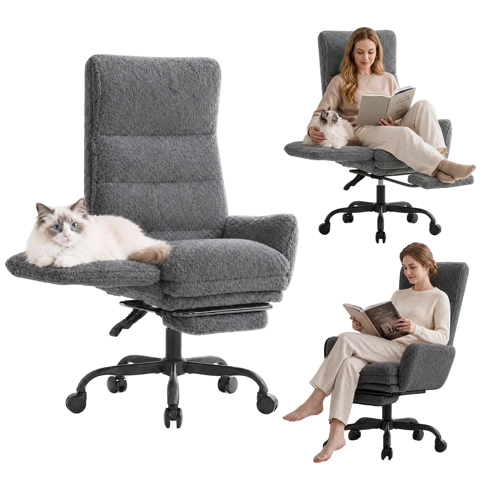Silla Oficina con Respaldo Alto, Silla Escritorio para Trabajar Largas Horas, Tela de Peluche, Silla Oficina Ergonomica con Reposabrazos Abatibles, Ejecutiva Silla Gaming con Reposapies, Gris