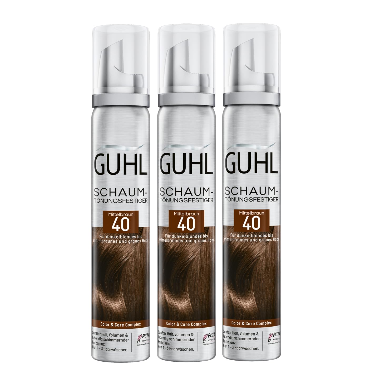 Guhl Schaum-Tönungsfestiger Vorteils-Set - Inhalt: 3x 100 ml - Farbe 40 - Mittelbraun - Für dunkelblondes bis mittelbraunes und graues Haar - Sanfter Halt, Volumen und Farbglanz