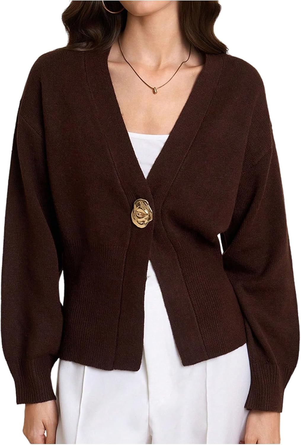 Verdusa Women's Button Up Cardigan Sweater Business Casual Outfits Long Sleeve Deep V Neck Knit Outerwear Elegant Dressy Tops