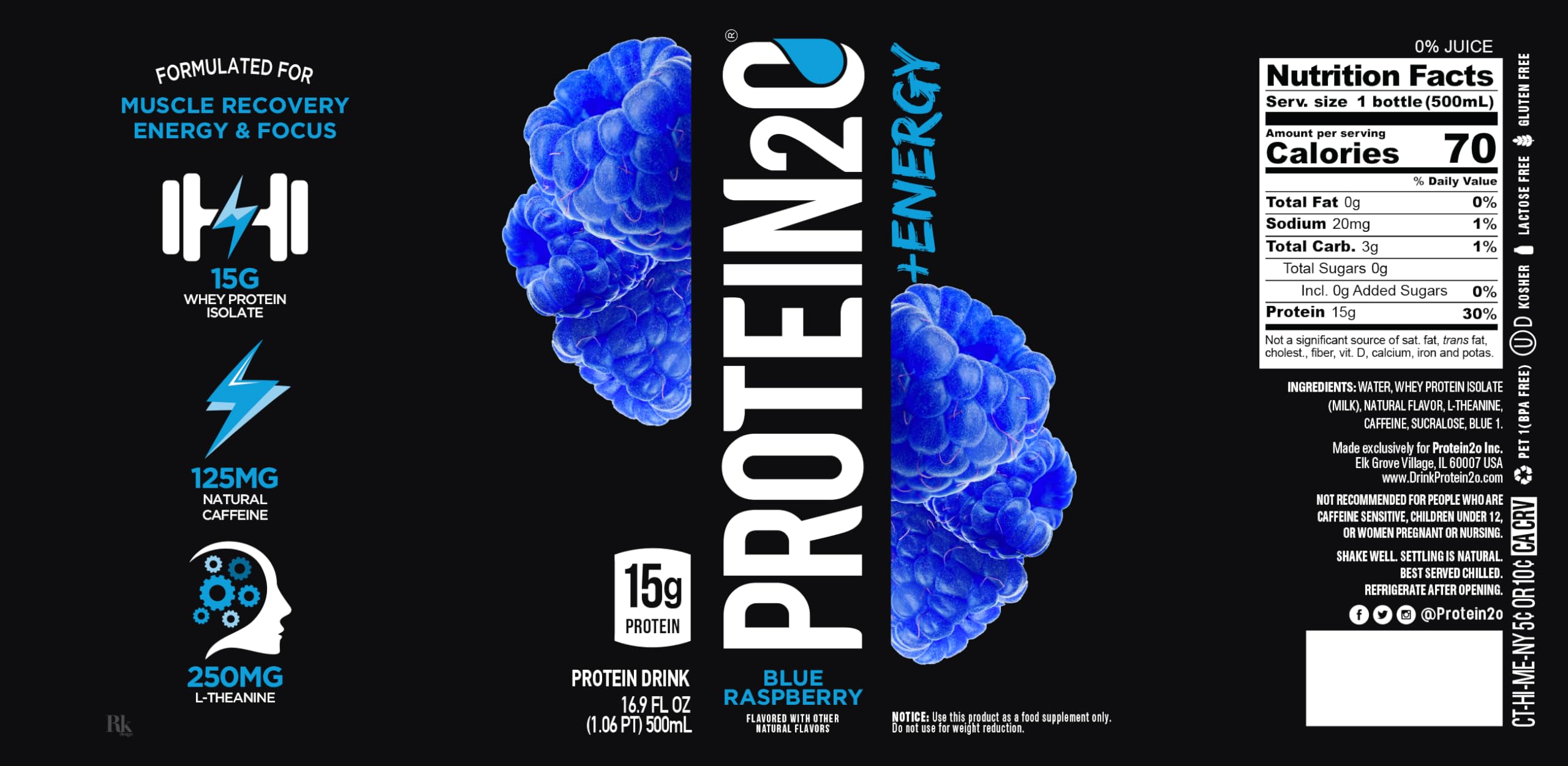 Protein2o 15g Whey Protein Infused Water Plus Energy, Blueberry Raspberry, 16.9 oz Bottle (Pack of 12)