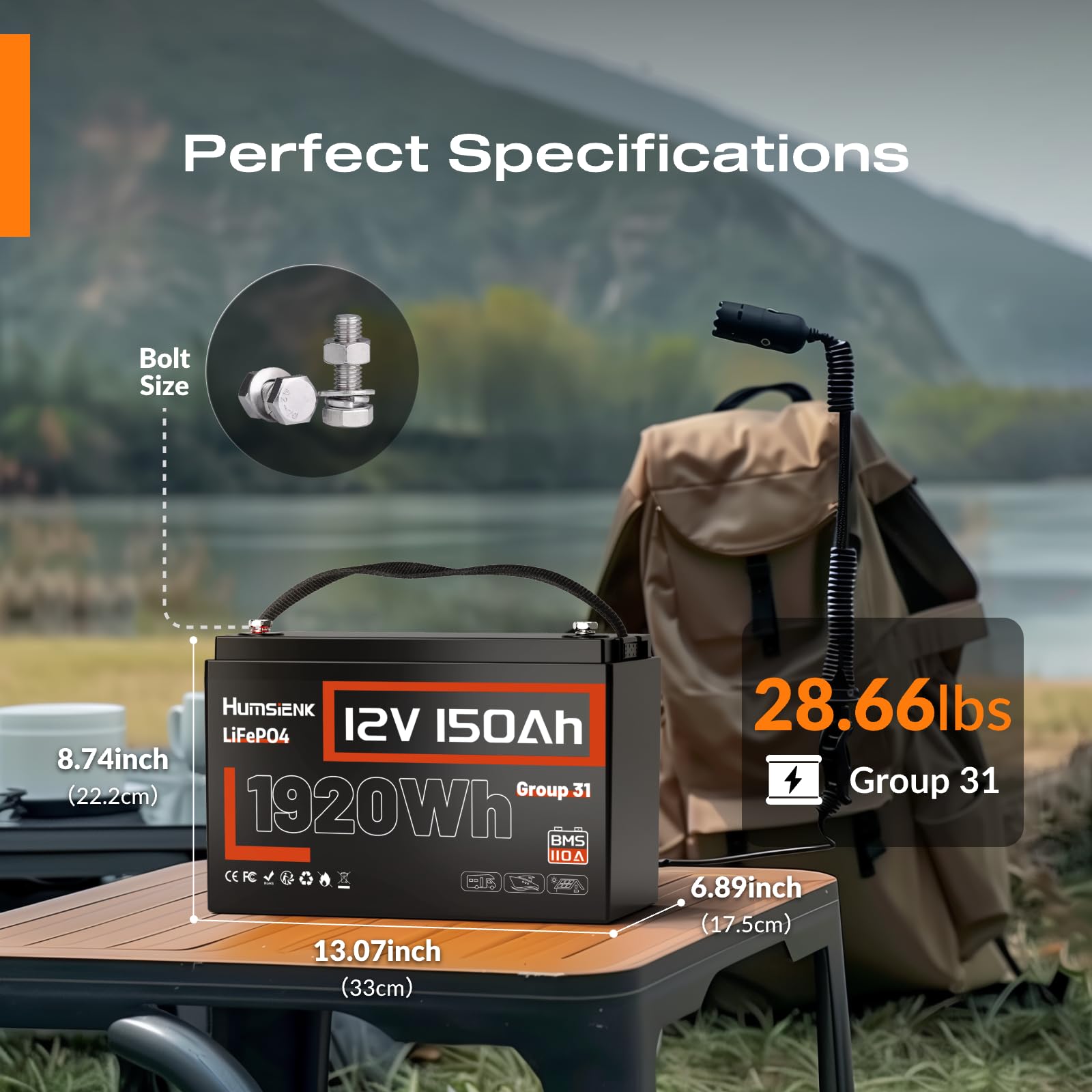Humsienk 12V 150Ah akumulator Deep Cycle LiFePO4 z BMS 110 A, 15000 cykli, maks. 1920 Wh energii z funkcją ochrony przed niską temperaturą, idealny zamiennik dla akumulatorów kwasowo-ołowiowych