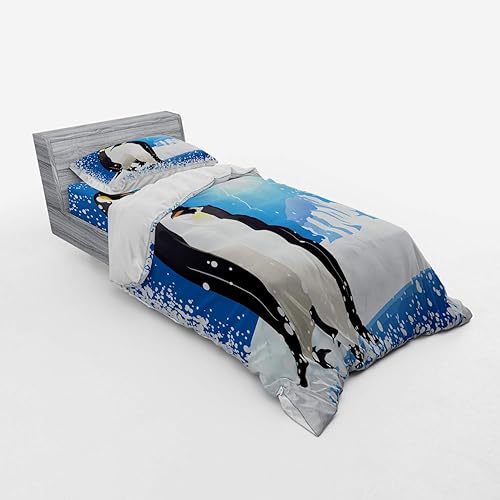 Miniatura 7 de Ambesonne Winter Duvet Cover Set, Penguins on Iceland at Arctic Snowy Frozen Climate Illustration, 3 Piece Bedding Set with Sham and Fitted Sheet,