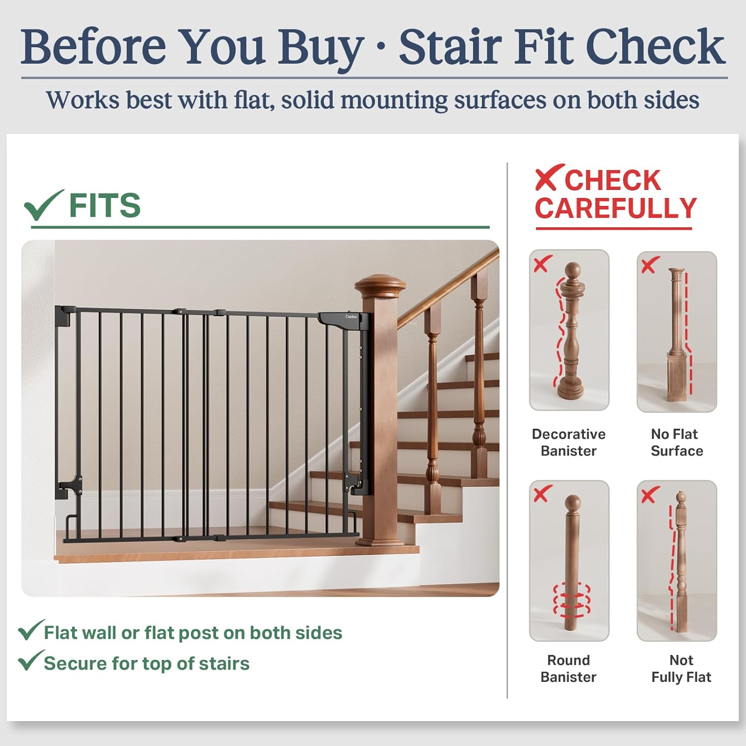 Cumbor 29.2–43 Baby Gate for Stairs, Hardware Mounted (Drill Required), Expandable No Bottom Bar Dog Gate, Auto Close Extra Wide Walk Thru, Pet & Toddler Proof Gate, Top & Bottom of Stairways(Black)