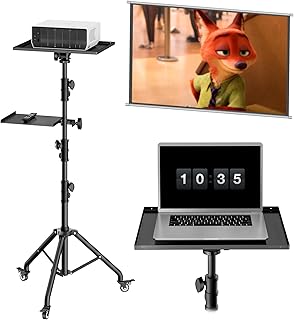 YoTilon Projector Tripod Stand with 2 Shelves, Laptop stand on Wheels, Rolling Laptop Stand Adjustable Height 28 to 56 Inch, Outdoor projector stand with Phone Holder