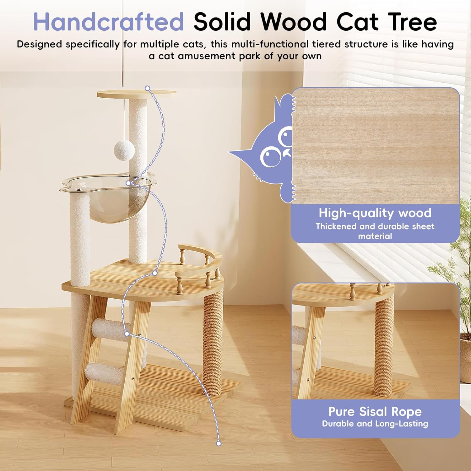 Wooden Cat Tree for Indoor Cats,Modern Multi-Level Cat Tower with Space Capsule,Acrylic Hammock,Sisal Scratching Posts & Ladder,Large Cat Condo with House and Top Perch for Small & Large Cats (41.3")