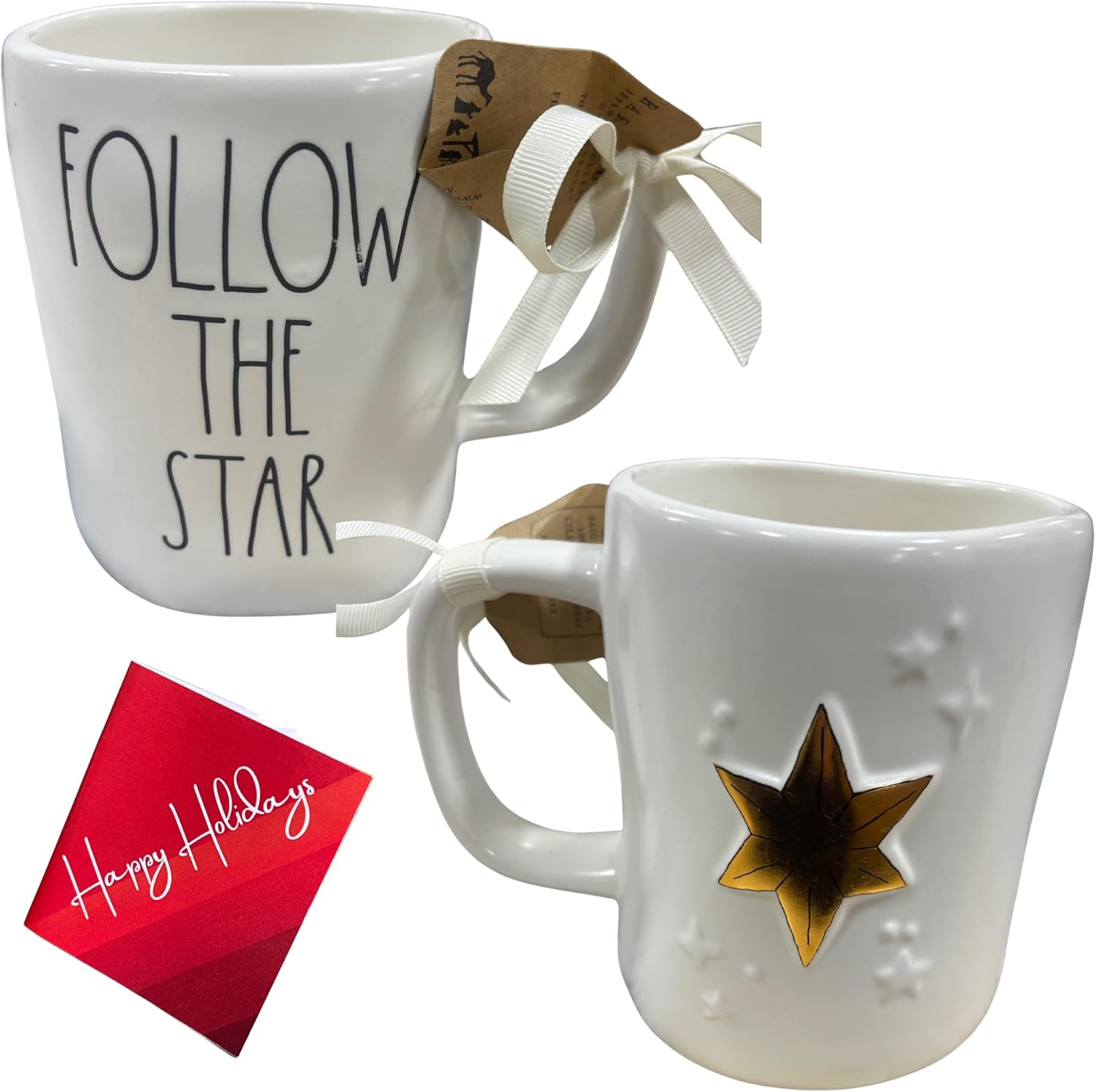 Rae Dunn FOLLOW THE STAR Double Sided - 16 oz LL Ceramic Mug, with Artistix Christmas Shoppe Gift Tag