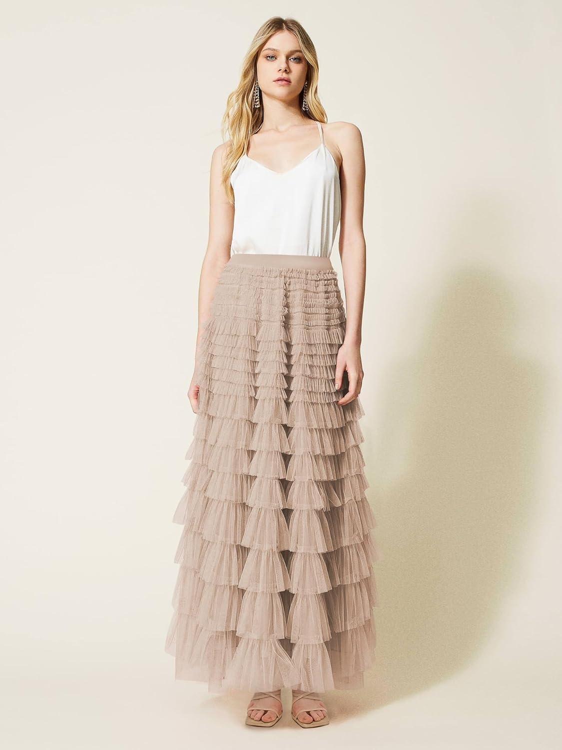 Womens Long Tulle Skirt A Line Ruffle Tiered Layered Skirts High Waisted Flowy Fairy Maxi Skirts - Image 5