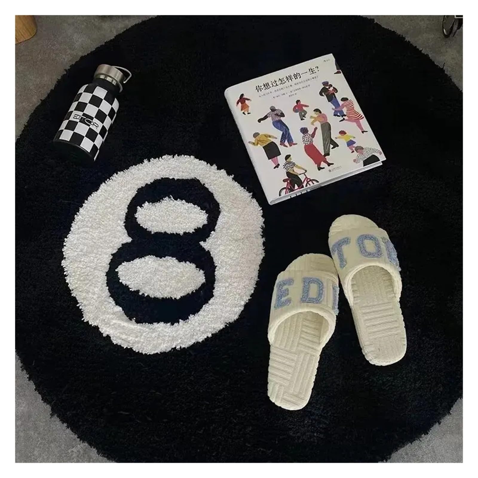 Tapis de billard rond floqué noir 8 boules en peluche douce 100x100 cm