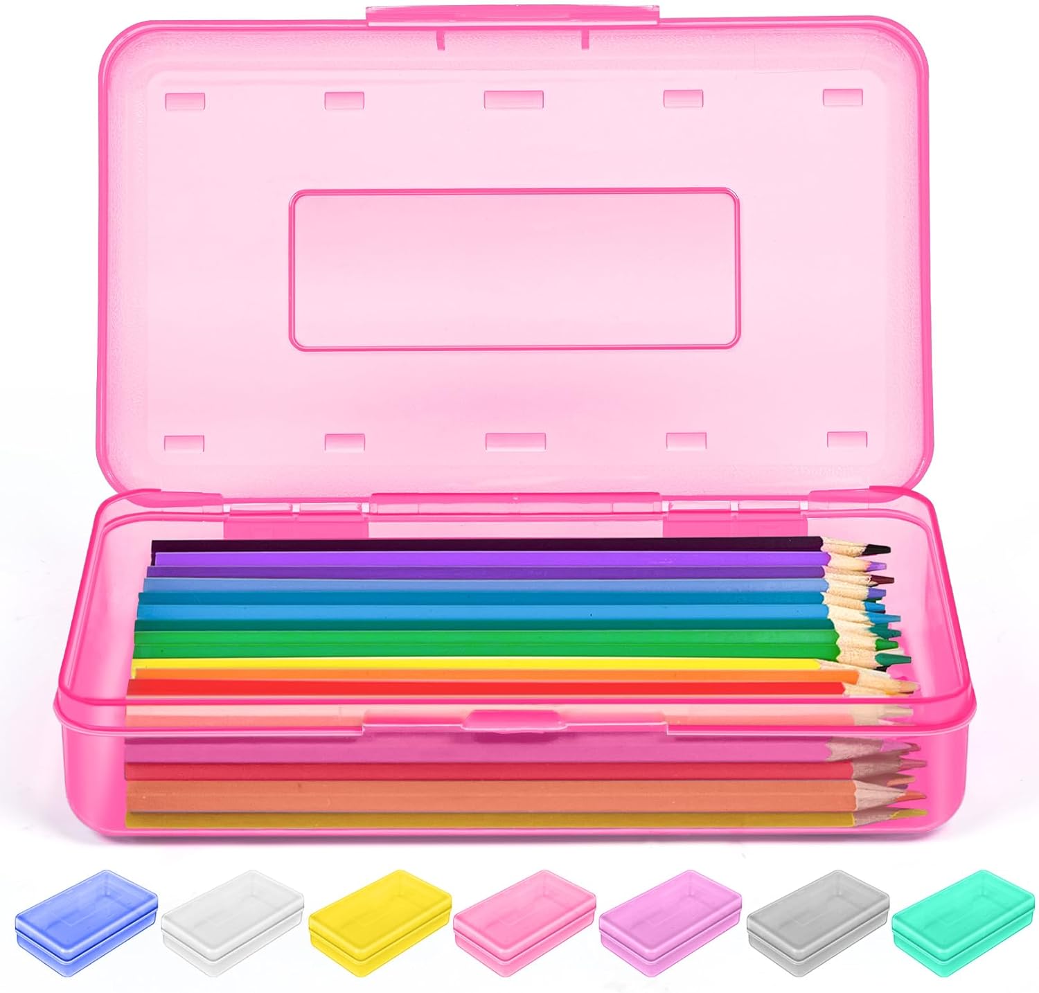 Sooez Pencil Case with Stickers, Hard Plastic Storage Box for Kids School, Stackable Pink Sooez Pencil Case with Stickers, Hard Plastic Storage Box for Kids School, Stackable Pink