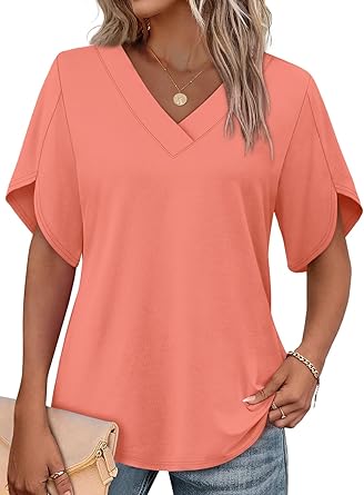WIHOLL Womens Summer Tops Short Petal Sleeve Shirts Fashion V Neck Womens Clothing