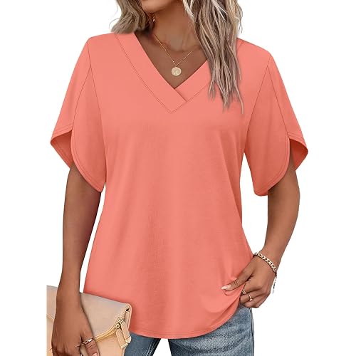 WIHOLL Womens Summer Tops Short Petal Sleeve Shirts Fashion V Neck Womens Clothing
