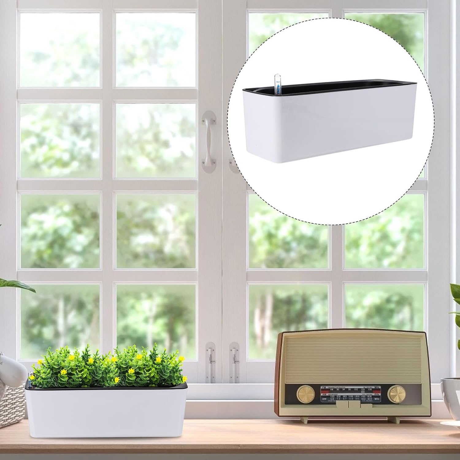 Rectangular Plastic Self Watering Plant Pot with Water Level Indicator and Rail Bracket, Small Automatic Water-Absorbent Planter for Indoor Patio Garden Use