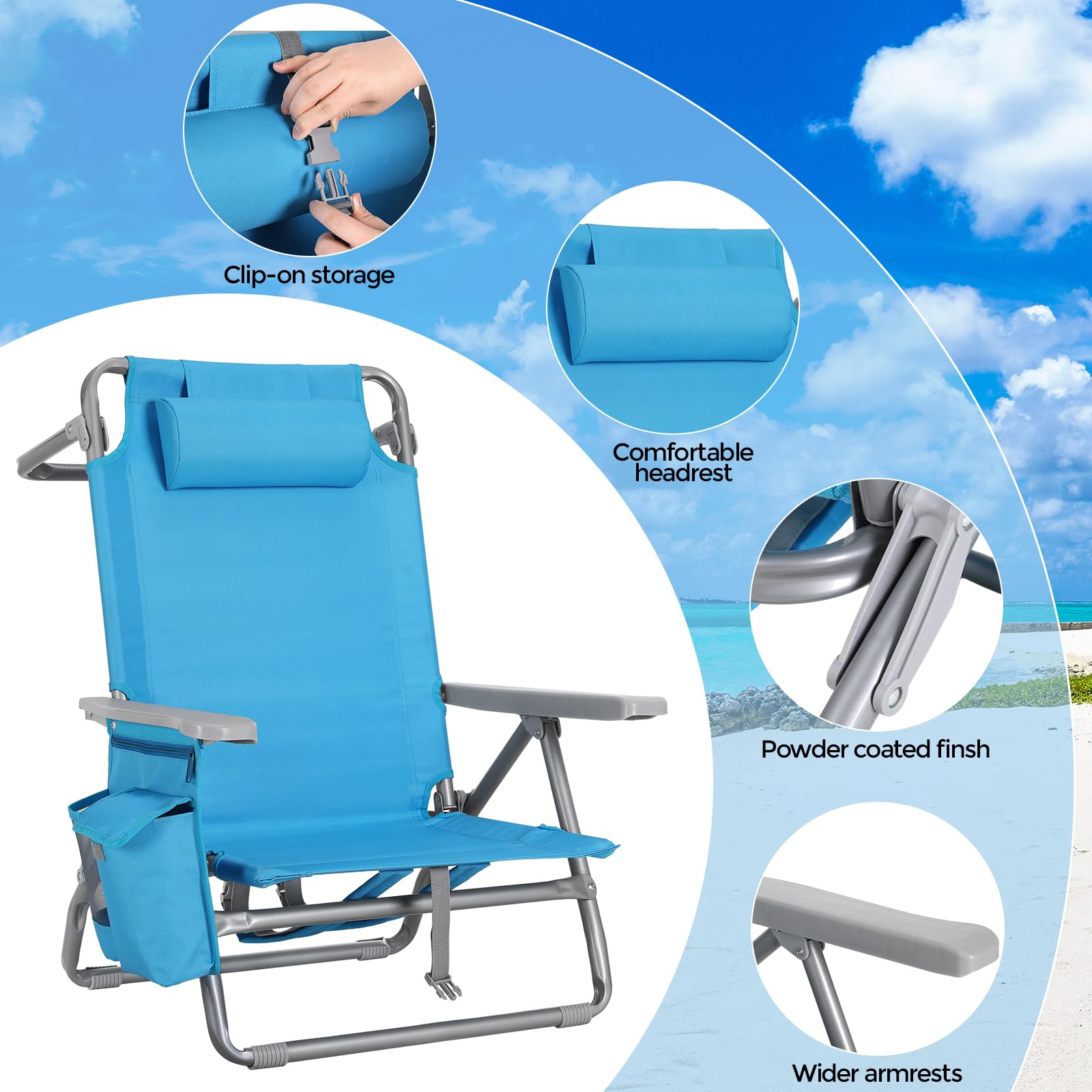 LIFERUN Sedia da Spiaggia Pieghevole, Leggera, Confezione da 2, Sedia Pieghevole Portatile a Zaino, Sedia da Campeggio, Reclinabile, Capacità di Carico fino a 150 kg, Sedia Pieghevole da Esterni
