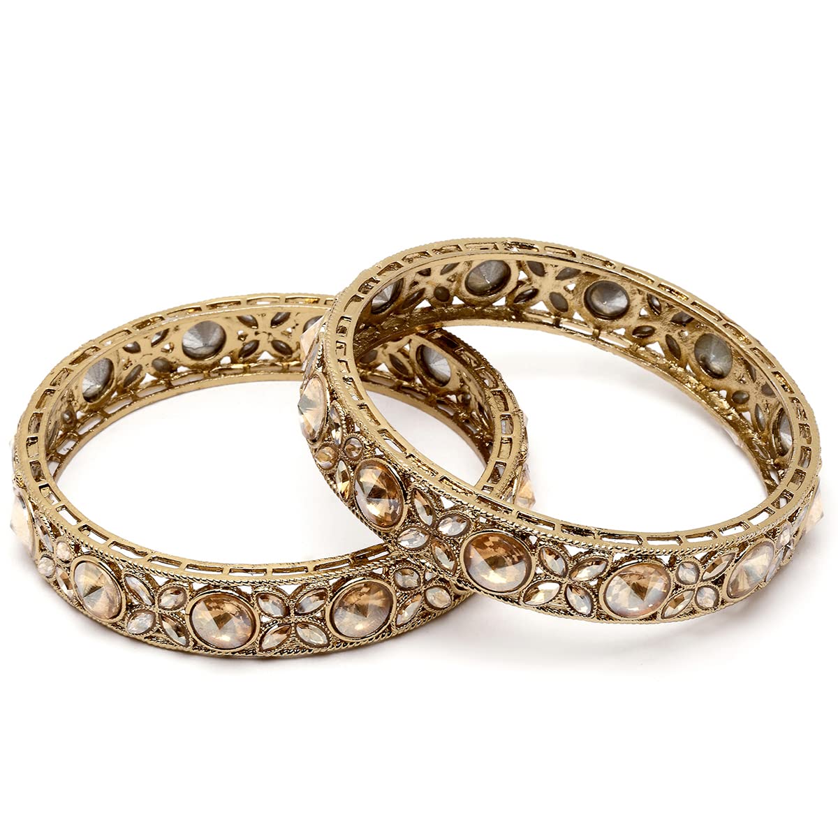 Karatcart Set of 2 Antique Gold Plated Floral Golden Kundan Studded Bangles for Women