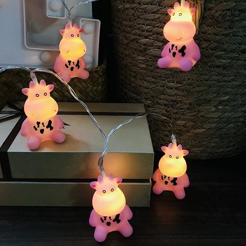 Vista 3 de Guirnalda de luces de vaca rosa de 5.4 pies, 10 luces LED de hadas de vaca de Navidad, funciona con pilas, para decoración del hogar, fiesta