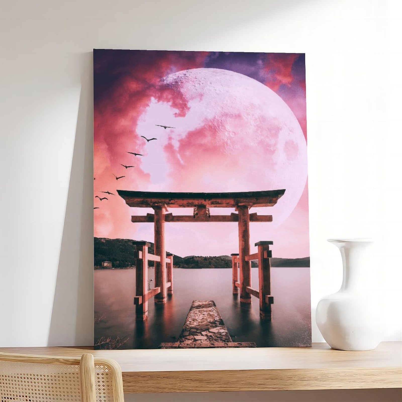 WRTYVE Poster su tela con sole, luna, lago, per ufficio, decorazione regalo