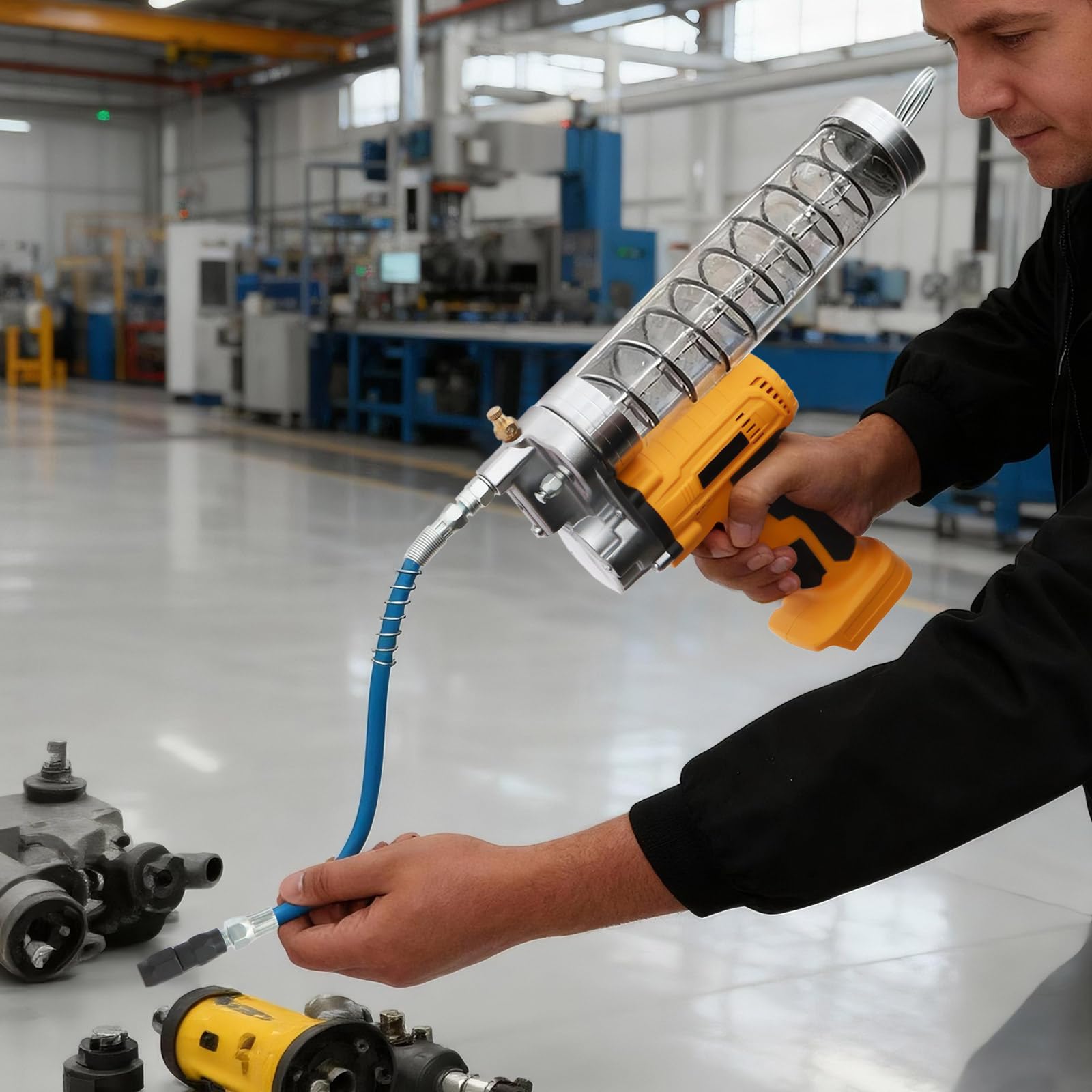 Pistola engrasadora eléctrica con batería, 10000 psi, 21 V/24 V, con tubo de aceite rígido y flexible, pistola de engrase inalámbrica para equipos mecánicos, aceites 900 CC